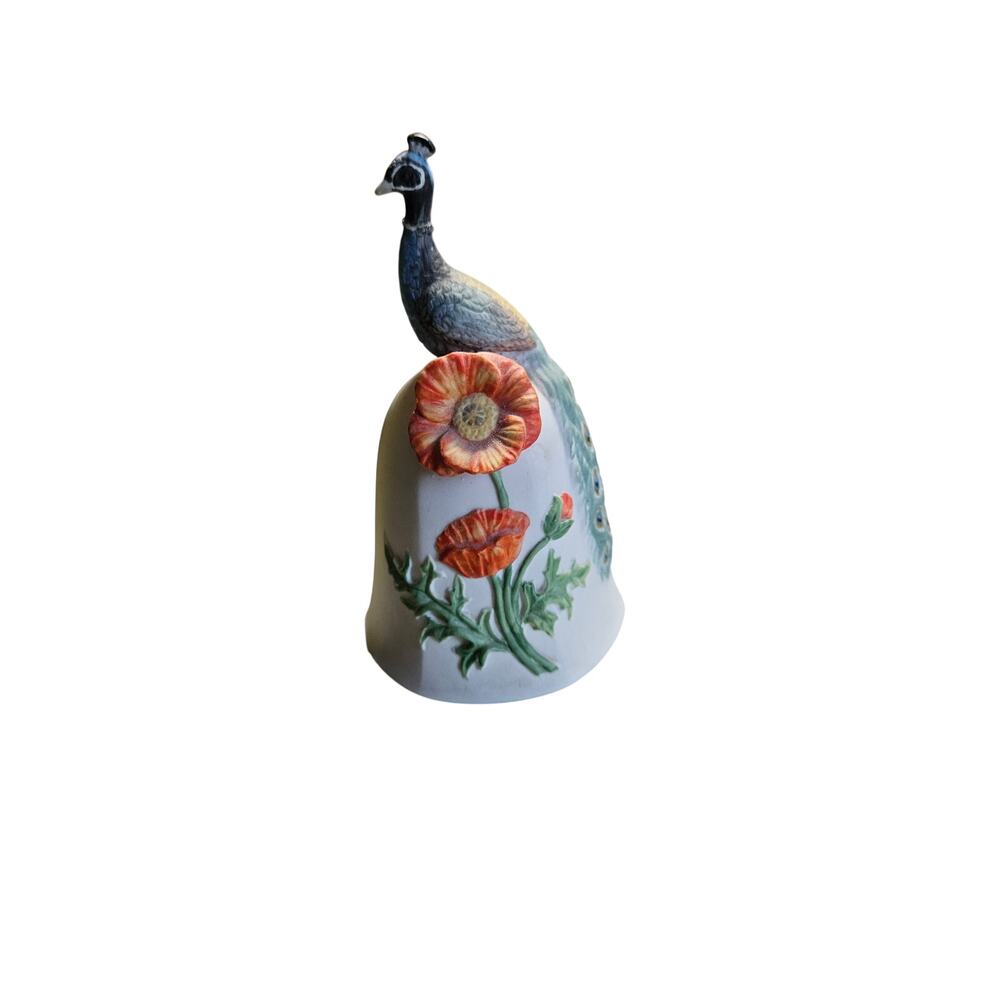 Vintage Porcelain Bell Westland Co Scultped Peacock top Orange Poppy flowers